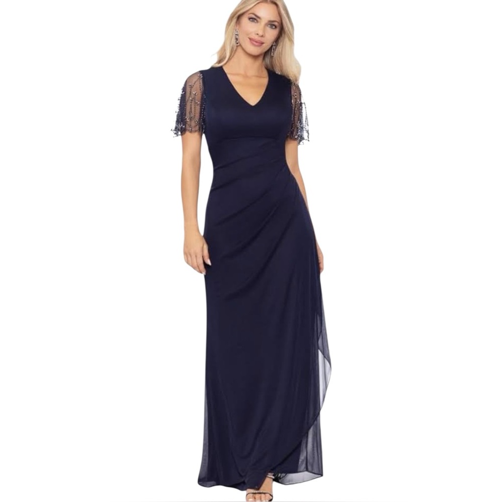 ***SOLD***NWT Xscape Navy Side Ruching and intricate beaded flutter sleeves